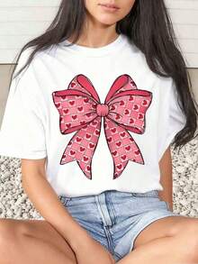 Women's T-Shirt With Bow And Hearts, Valentine's Day Design, Casual, Round Neck, Short Sleeve, Soft And Comfortable, 220g - 白色 - 查看 6