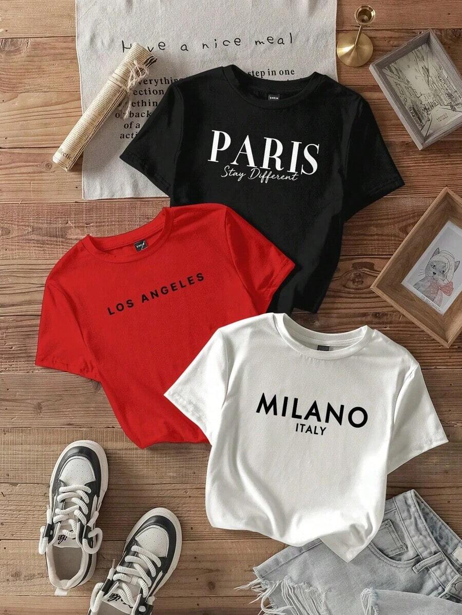 Set de 3 camisetas cortas de mujer de cuello redondo, manga corta y ajustadas con estampado minimalista casual y texto en inglés - Multicolor - Ver 1