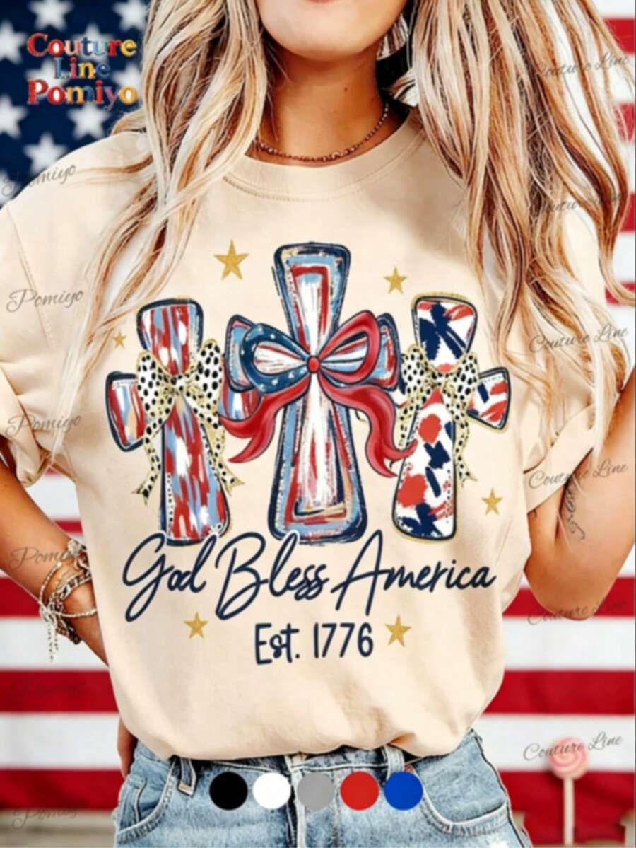 American 250th Anniversary Celebration Apparel Graphic Tees Round Neck T-Shirt, "God Bless America" T-Shirt, USA 250th Anniversary Birthday Gift T-Shi - 杏色 - 查看 1