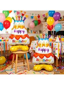 Set de 2 bases de pastel de diferentes tamaños con globos de aluminio, base pequeña con diseño de pastel de cumpleaños colorido, adecuado para decoración de fiestas de cumpleaños, aniversarios, Día de los Caídos, Año Nuevo y reuniones, globo decorativo con tema de cumpleaños - Pastel base - Ver 6