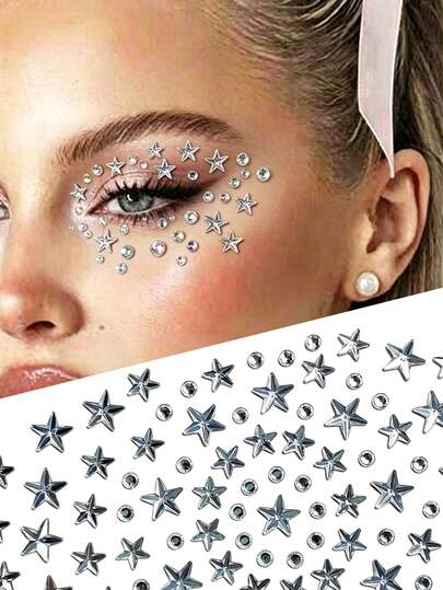 Pegatinas de strass con forma de estrella plateada, pegatinas decorativas para la cara para fotografía, festivales de música, maquillaje de escenario, pegatinas brillantes autoadhesivas
