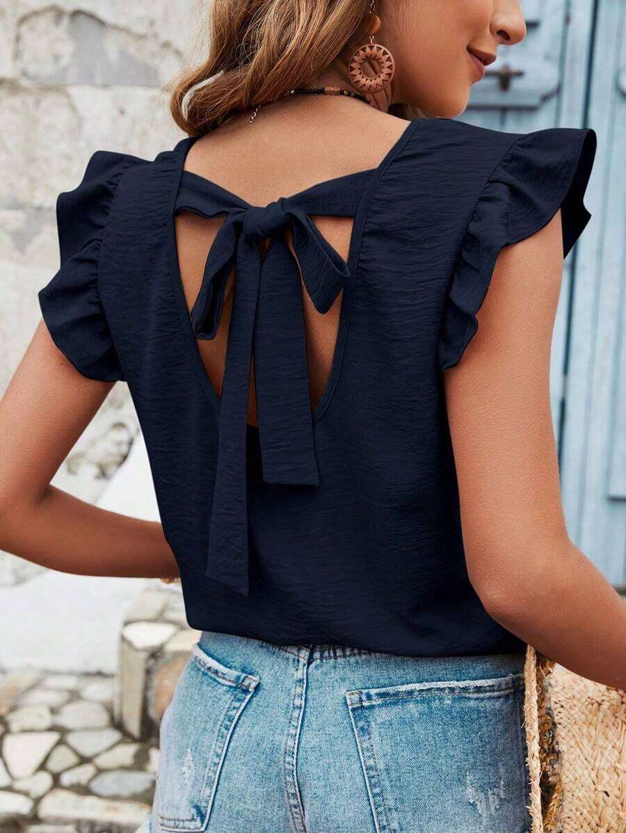 Blusa de verano para mujer con volantes y tirantes cruzados en la espalda de un solo color - Azul marino - Ver 1