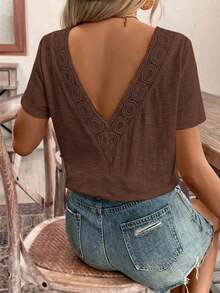 Top con espalda al descubierto y encaje entrelazado, camiseta, blanco imprescindible, conjunto de verano, imprescindible de la temporada de bodas, estilo francés - Café integral - Ver 3
