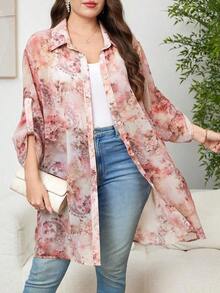 Chikora Camisa de manga larga con estampado floral y abotonadura sencilla para mujer de talla grande - Multicolor 3 - Ver 8