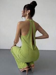 s anchos de pierna blanca con cintura ceñida, escote profundo en V y espalda descubierta, elegantes y modernos, apropiados para ir al trabajo, citas románticas, fiestas sexys, vacaciones en la playa, festivales, San Valentín, temporada de - Verde - Ver 9