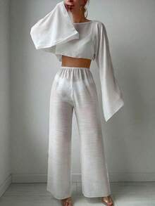 Conjunto de 2 piezas para vacaciones de primavera de mujer con top con cintura entrelazada de unicolor y manga larga holgada que deja el ombligo al descubierto, estilo bohemio de festival - Blanco - Ver 4