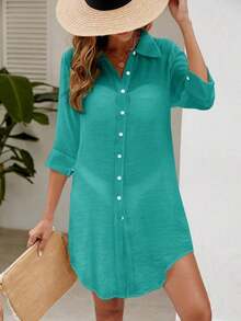 Swim Vcay Kimono unicolor con botón delantero bajo curvo - Verde - Ver 1