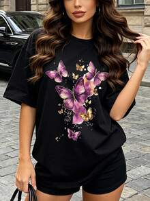 Women's Soft And Casual Short-Sleeved Crew Neck T-Shirt With A Purple And Gold Butterfly Graphic Print, Perfect For Spring And Summer Outfits. Black. - 黑色 - 查看 2