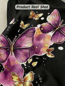 Women's Soft And Casual Short-Sleeved Crew Neck T-Shirt With A Purple And Gold Butterfly Graphic Print, Perfect For Spring And Summer Outfits. Black. - 黑色 - 查看 4