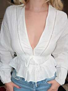 Women's Solid-Color Shirt With V-Neck, Straight Shoulders, Long Sleeves, Gathered Bow And Ruffled Hem - 黑色 - 查看 3