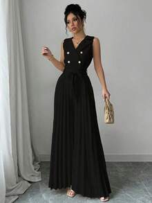 Mono plisado con diseño de chaleco cruzado elegante para mujer, color albaricoque, para primavera y otoño - Negro - Ver 1