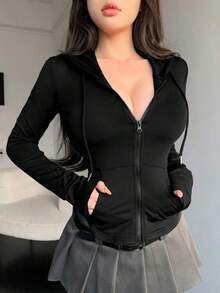 Sudadera con capucha, cordón ajustable en la cintura, diseño con cremallera, bolsillos, longitud corta y ajustada, mangas largas para mujer.Chaqueta con capucha y mangas largas. - Negro - Ver 3
