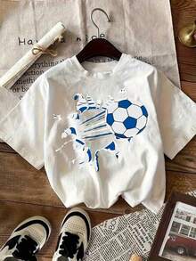 This Fashionable Women's T-Shirt Features A "Football Goal" Design And Is Made Of 100% Pure Cotton. It Has A Round Neck And Short Sleeves, Providing Comfort And Breathability. It Is Both Casual And Elegant, Making It A Must-Have Item For Summer. - 白色 - 查看 6