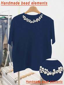 mujer de talla grande con estampado de bordado vintage de gato y floral, de cuello redondo y manga corta, top floral azul, adecuado para uso diario y vacaciones de verano - Azul marino - Ver 1