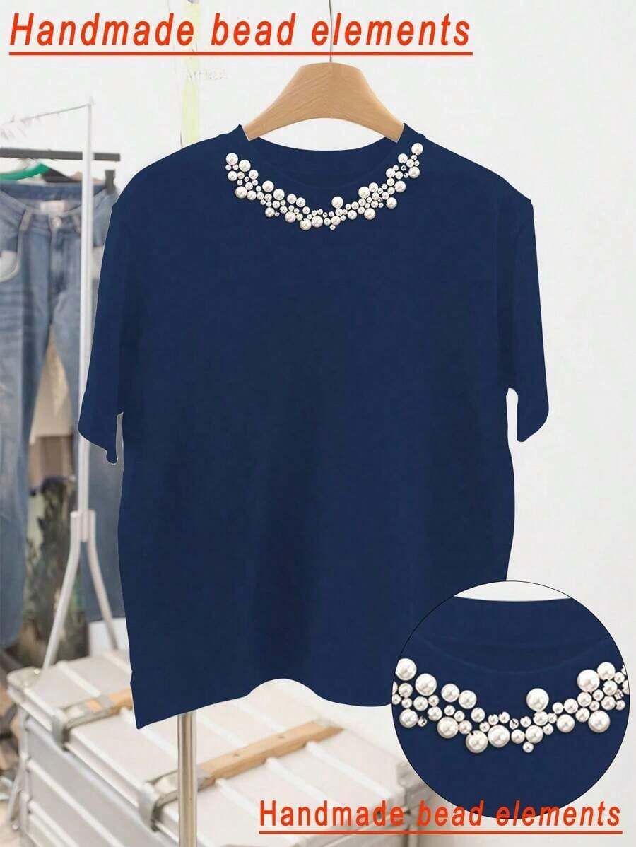 mujer de talla grande con estampado de bordado vintage de gato y floral, de cuello redondo y manga corta, top floral azul, adecuado para uso diario y vacaciones de verano - Azul marino - Ver 1