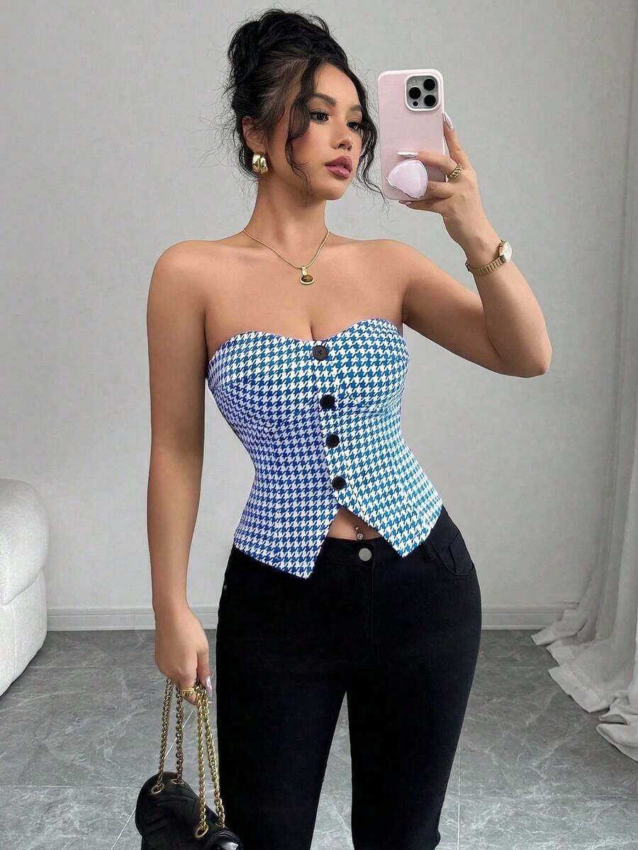 Top corto sin mangas con botones delanteros y estampado de pata de gallo, para uso en oficina o viajes, de moda para el verano - azul real - Ver 1