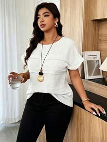 Blusa holgada de mujer talla grande con cuello redondo, mangas de murciélago y lunares en contraste, adecuada para uso diario y vacaciones, primavera/verano - Blanco - Ver 4