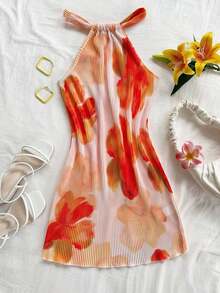 Vestido mini plisado con estampado floral y cuello de halter para mujer, silueta ajustada, ideal para vacaciones, citas, té de tarde, vacaciones, festivales de música, estilo bohemio, primavera/verano - Multicolor 2 - Ver 3