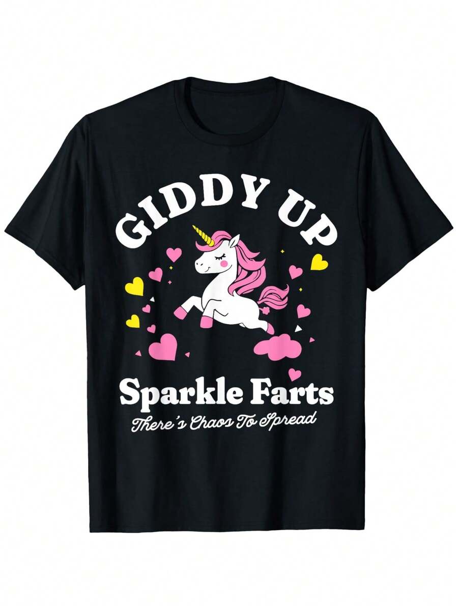 Giddy Up Shiny Butt Fun T-Shirt With Chaotic Unicorn Design For Men And Women | Casual Crew Neck, Regular Fit, Suitable For All Seasons, 100% Cotton, Ideal Gift For Valentine's Day, Carnival, Ramadan And Birthdays, Soft Black Unisex Fabric. - 黑色 - 查看 1