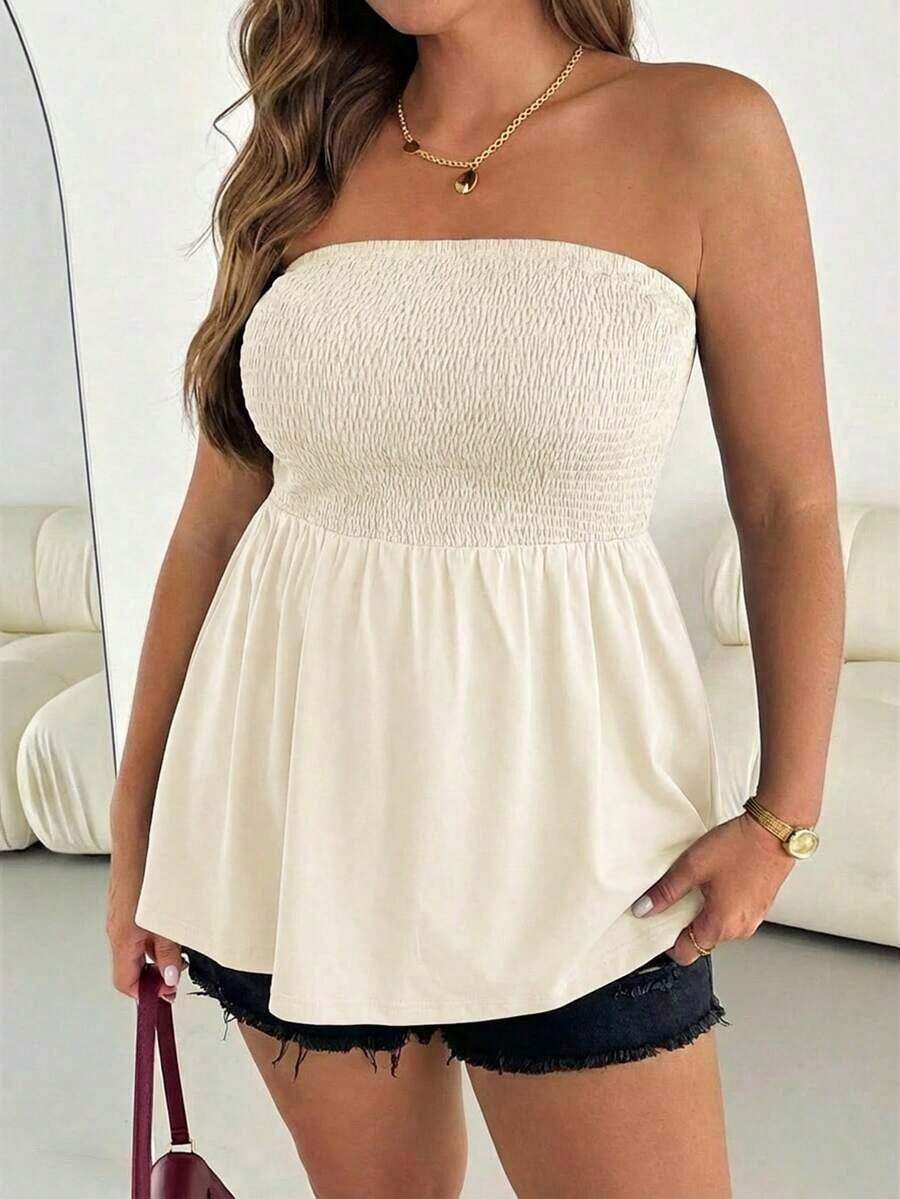 Blusa sin tirantes de rayas negras y blancas, versátil, cómoda y estilizadora, para mujer talla grande, ideal para primavera/verano, vacaciones y salidas, estilo europeo de verano - Albaricoque - Ver 1