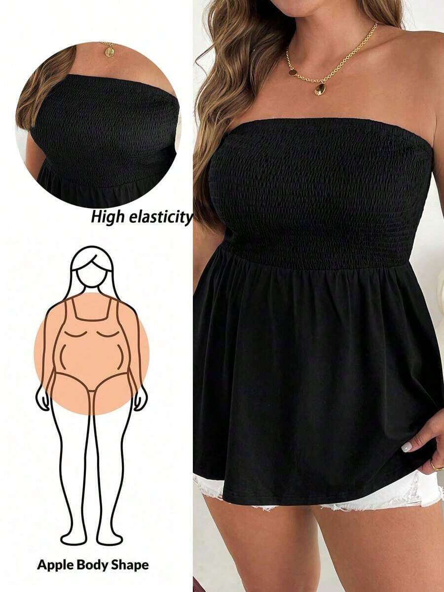 Blusa sin tirantes de rayas negras y blancas, versátil, cómoda y estilizadora, para mujer talla grande, ideal para primavera/verano, vacaciones y salidas, estilo europeo de verano - Negro - Ver 1