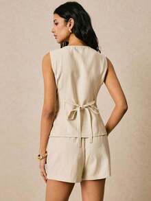 Conjunto de 2 piezas para mujer, traje de lino con pantalón corto, chaleco con nudo en la cintura y pantalón corto, traje casual color albaricoque, conjunto de 2 piezas de unicolor con Top sin mangas para mujer, conjunto de verano estilo boho y Y2K para mujer - Caqui - Ver 3