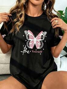 Butterfly Be Yourself Graphic T-Shirt, Y2K Aesthetic Print T-Shirt, Casual Short Sleeve T-Shirt With Inspirational Quote, Urban Fashion Top - 白色 - 查看 6
