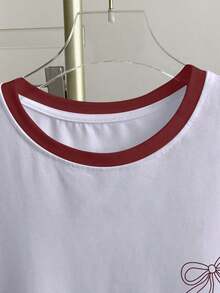 Camiseta de manga corta con cuello redondo, estampado de corazón y ribete de bloques de color para mujer talla grande, verano - Blanco - Ver 3