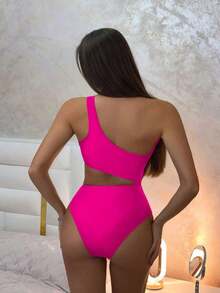 Traje de baño de una pieza con bloque de color y un solo hombro para mujer, ideal para nadar, vacaciones y playa en verano - Multicolor - Ver 2