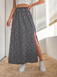 Falda De Verano Para Mujeres Con Estampado Floral Pequeño Y Abertura De Muslo - Blanco y Negro - Ver 4