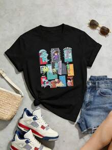 Camiseta de manga corta con cuello redondo suave y casual de verano para mujer, tops para salir, algodón, vintage, estilo callejero europeo y americano, casual deportivo, estilo unisex, estilo casual urbano, tops bonitos, Gen Z, curvas, ropa Y2K, camisetas divertidas, tops para damas, conjuntos de vacaciones para mujer, top lindo, camiseta gráfica, conjuntos de primavera, camisetas holgadas, ropa de calle retro, estilo de los 90, estilo de los 2000, subcultura, top negro, tops blancos, atuendo de fiesta de los 90. Blanco - Negro - Ver 4
