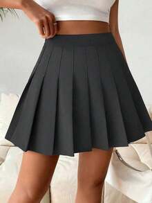 Falda pantalón casual de talle alto con pliegues y rayas para mujer - Negro - Ver 5