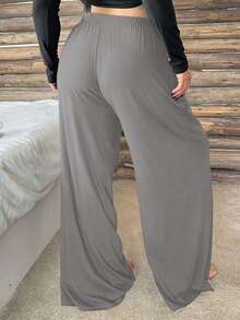 Plus Pantalones de pijama de pierna recta con cintura elástica y cordón para mujer de talla grande, pantalones de estar por casa de unicolor, para otoño e invierno - Gris - Ver 7