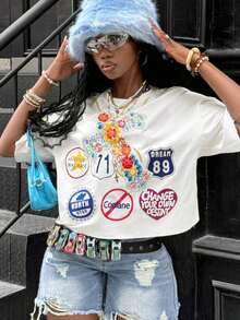 Women's Graphic Tee, Vintage Y2K Style, Casual Hip-Hop Style, Going Out, Oversized, Lip Print, For Everyday Urban Autumn Wear. - 白色 - 查看 1