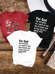 Artículo de moda: 3 camiseta casual de manga corta para mujer, estampada con la frase "Porque Dios nos ha dado no un corazón tímido, sino un corazón fuerte, amante y cauteloso." Camiseta de mujer de manga corta con cuello redondo, de algodón puro, transpirable, estilo casual deportivo, regalo para vacaciones, camiseta para mujer. - Negro - Ver 8