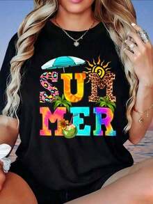 Camisa Blanca de Mujer con Estampado Tropical de Verano y Diseño de Coco, Ropa para Vacaciones en la Playa, Estampados Divertidos, Adecuada para el Día de San Valentín, el Hogar, Caminar, Deportes, Fiestas, Regalos de Vacaciones, Camisa de Mujer. - Negro - Ver 1