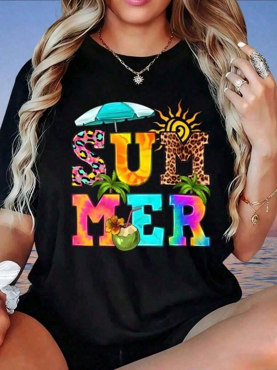 Camisa Blanca de Mujer con Estampado Tropical de Verano y Diseño de Coco, Ropa para Vacaciones en la Playa, Estampados Divertidos, Adecuada para el Día de San Valentín, el Hogar, Caminar, Deportes, Fiestas, Regalos de Vacaciones, Camisa de Mujer. - Negro - Ver 1