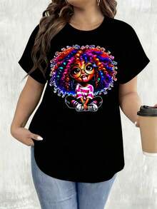 Women's Casual T-Shirt, White, With Colorful Curly-Haired Girl Print With Glasses And Striped Outfit, For Everyday Wear And Coffee Breaks, Leisure At Home And Outdoors, Black And White Short Sleeve T-Shirt, Party Gift, Round Neck, 100% Cotton, Soft Fabric, Short Sleeve - 黑色 - 查看 6
