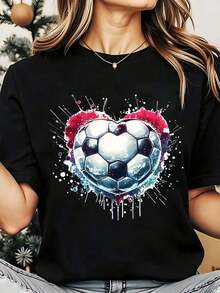 Camiseta Casual para Mujer, Cuello Redondo, Estampado de Balón de Fútbol y Corazón, Ropa Casual para Fanáticos del Fútbol, Día de San Valentín, 220g, 100% Algodón, Resistente - Negro - Ver 1