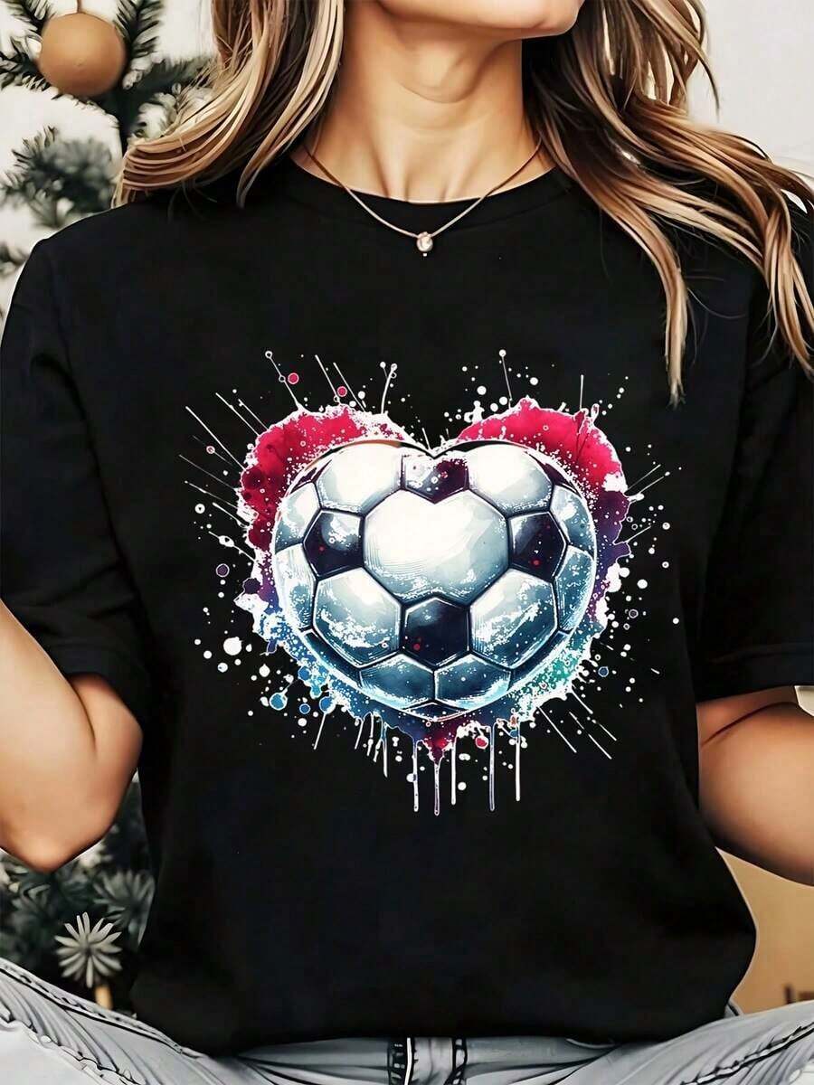 Camiseta Casual para Mujer, Cuello Redondo, Estampado de Balón de Fútbol y Corazón, Ropa Casual para Fanáticos del Fútbol, Día de San Valentín, 220g, 100% Algodón, Resistente - Negro - Ver 1