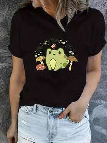 Under The Radar Casual T-Shirt With Frog And Mushroom Print, Ideal For Spring And Summer, Designed For Women - Vintage Street Style Unisex Loose Cotton Short Sleeve Crew Neck T-Shirt - 黑色 - 查看 7