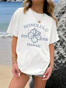 Regalo: 1 camiseta blanca para mujer con estampado de flores de Honolulu, cuello redondo, camiseta casual de algodón, tejido de punto de elasticidad media, corte regular para damas, para primavera/verano/otoño, suave. - Blanco - Ver 1