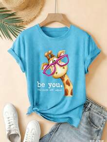 Camiseta de Verano de Alta Gama para Mujer, Camiseta de Manga Corta con Diseño Novedoso, Estilo Deportivo Casual con Cuello Elástico, 100% Algodón, Estampado de Jirafa con Gafas Adorables, Crea Tu Propio Estilo, Top Casual Artístico, Moda Sencilla y , Éxito de . - Verde - Ver 11