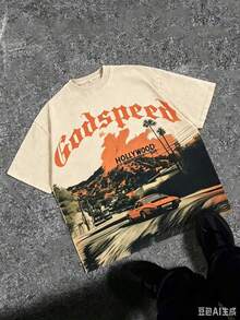 Break The SystemMen's Washed Vintage Crewneck T-Shirt, 100% Cotton 180GSM, Godspeed Highway Car Print, Retro Faded Style, American Streetwear, - 杏色 - 查看 3