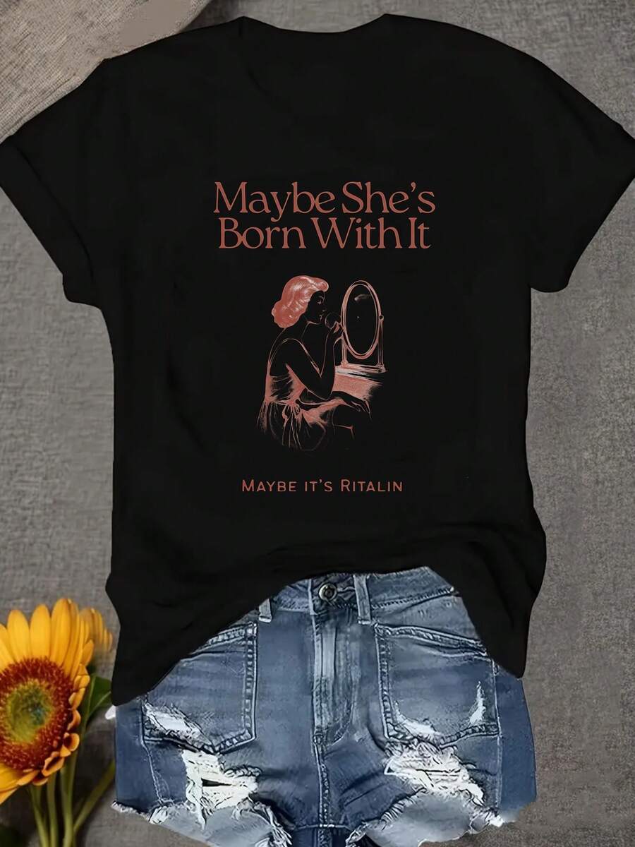 Una camiseta de mujer de manga corta, holgada, moderna, a la moda, retro y elegante, adecuada para actividades al aire libre en primavera y verano.Mirror Woman: Tal vez nació así, o tal vez sea de una fiesta de Lycarion.Adecuada para el uso diario, esta camiseta de cuello redondo es cómoda y suave.Camiseta de mujer.blusas para mujer,blusas casuales para dama,tops,, mujer premium,y2k,playeras de mujer curvy,ofertas y liquidaciones ropa mujer,playeras deportivas para mujer,,playeras de hombre, mujer,blusas>elegante XH0C - Negro - Ver 1