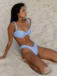 Women 2 Piece Bikini Set Bathing Suit Swimsuits Solid Color Ruched Bra And Elastic Thong Sets Summer Holiday Beachwear Party Clubwear - Z21004-Blue - 查看 3