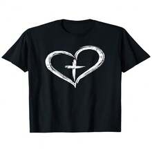 Women's Black Cotton Graphic T-Shirt, Round Neck Short Sleeve, Y2K Heart And Cross Print, High Stretch Regular Fit Top - 黑色 - 查看 1