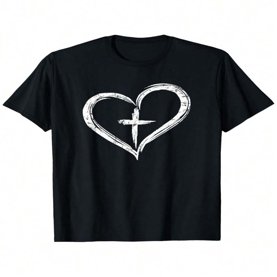 Women's Black Cotton Graphic T-Shirt, Round Neck Short Sleeve, Y2K Heart And Cross Print, High Stretch Regular Fit Top - 黑色 - 查看 1