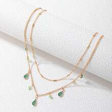 1 Collar de estilo minimalista con incrustaciones de rhinestones verdes, diseño exquisito de cadena de doble capa, perfecto para el uso diario de las mujeres - gotitas de agua - Ver 4