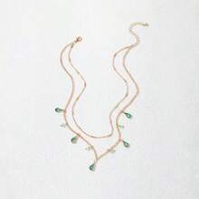 1 Collar de estilo minimalista con incrustaciones de rhinestones verdes, diseño exquisito de cadena de doble capa, perfecto para el uso diario de las mujeres - gotitas de agua - Ver 3